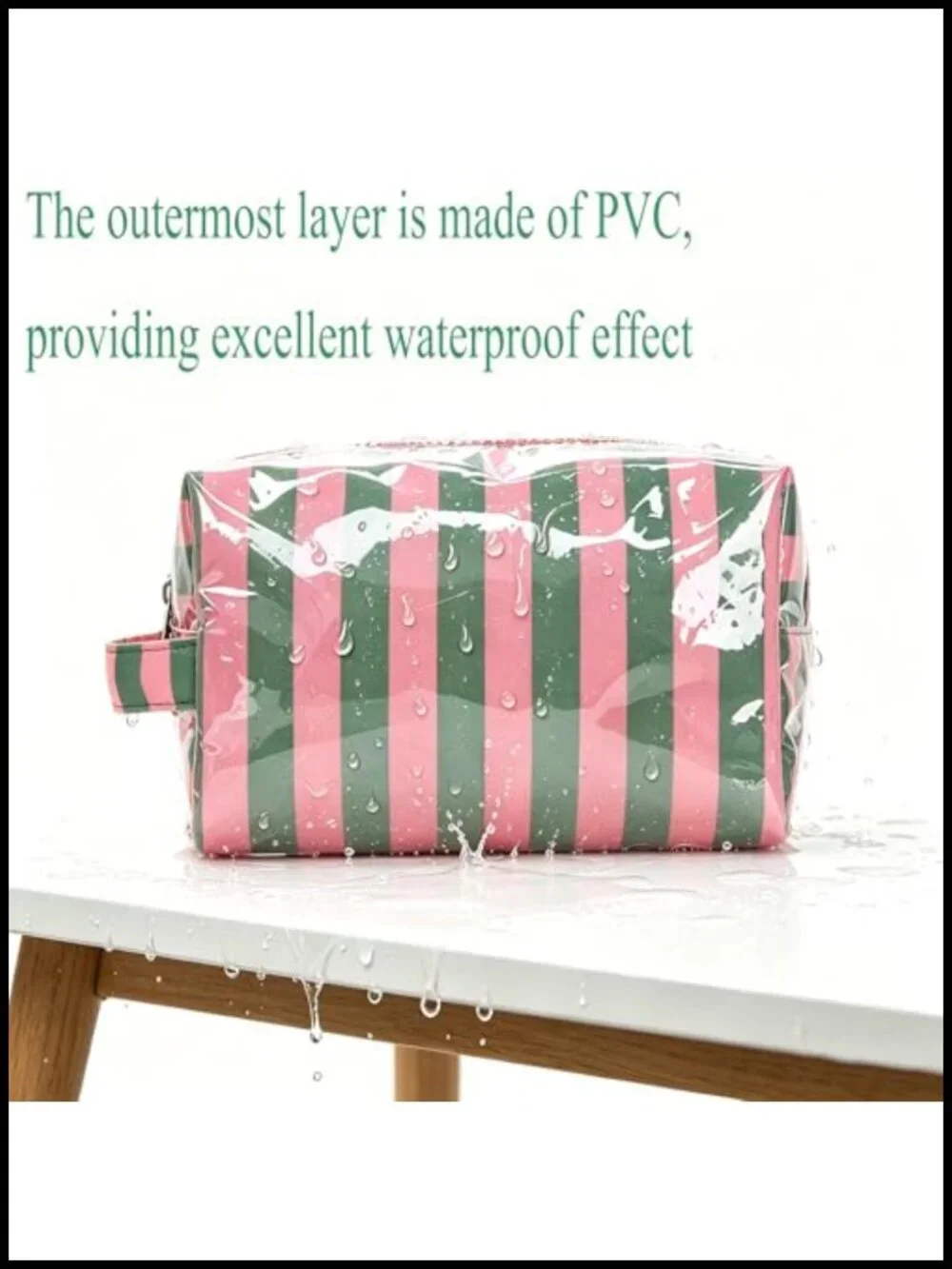 Waterproof PVC Stripe Makeup Bag with Handle Strap Large Capacity Travel